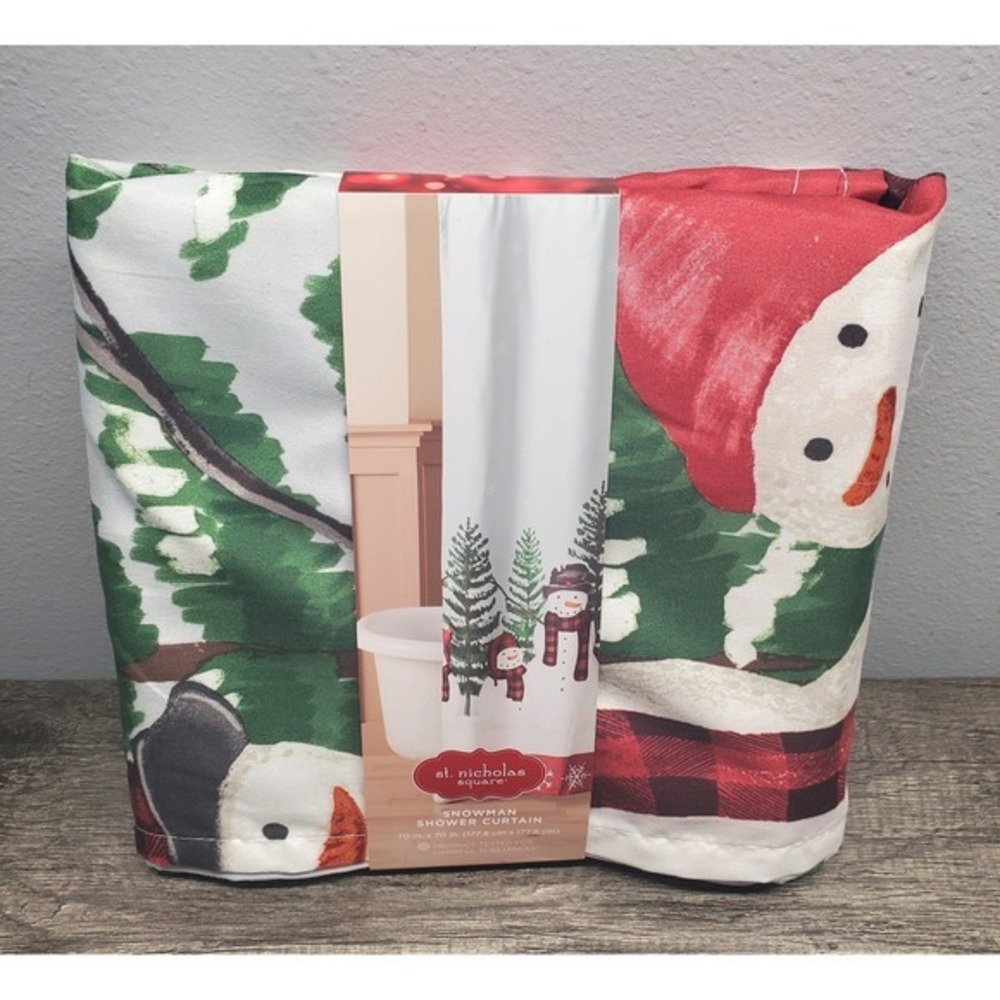 St Nicholas Square Yuletide Snowman Fabric Shower Curtain 70X70 Holiday NEW
